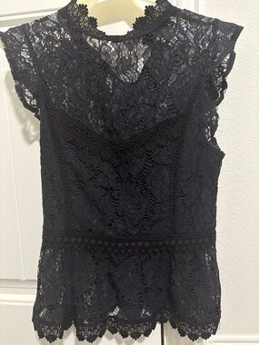 Haute Monde Black Lace Peplum Cap Sleeve Top